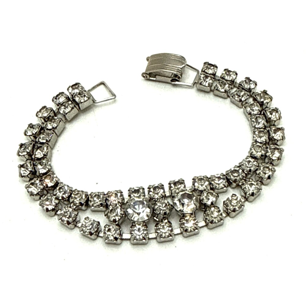 Vintage Clear Crystal Rhinestone Bracelet Double Strand Bridal Wedding Prom 7"